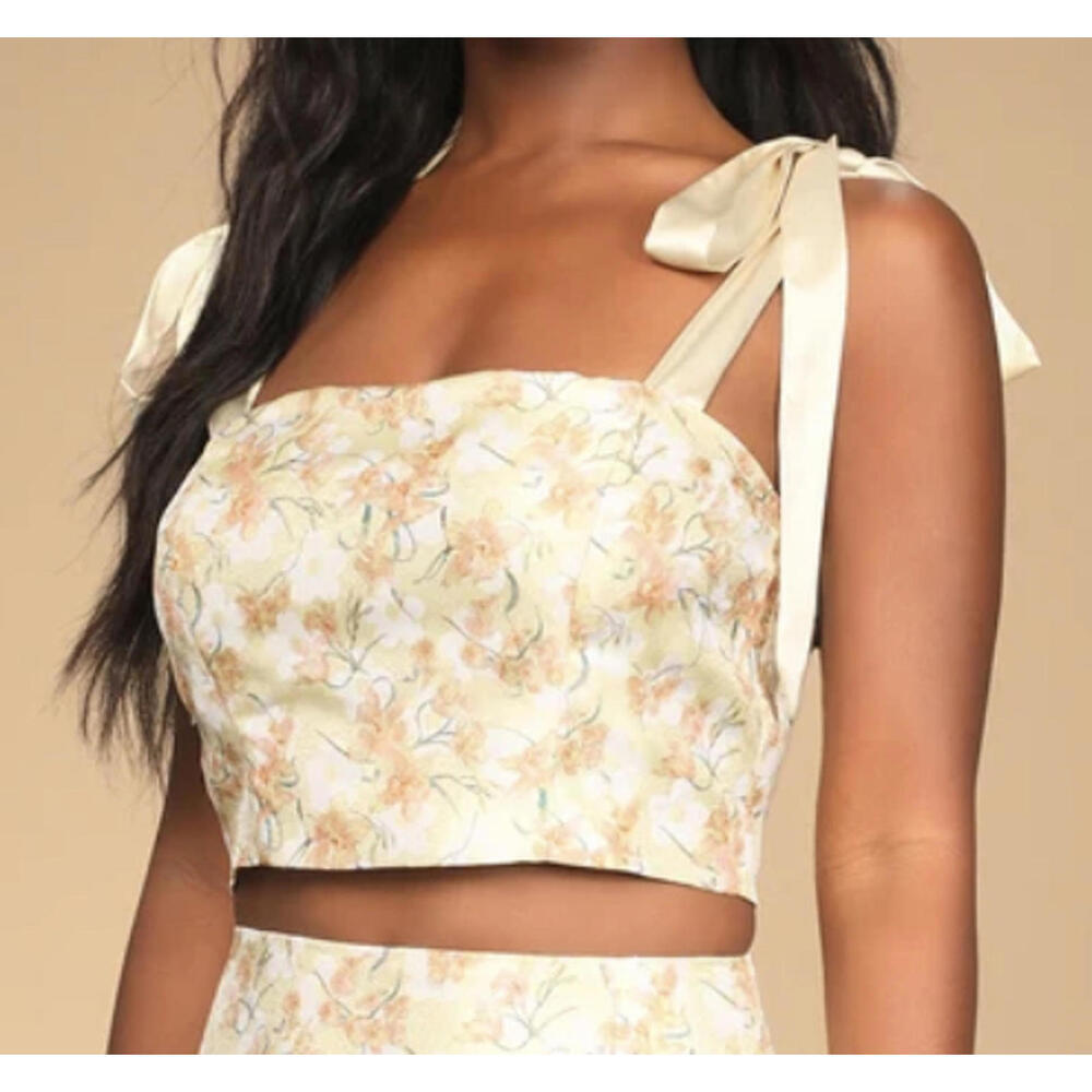 LULUS yellow floral ribbon tie crop top sz S